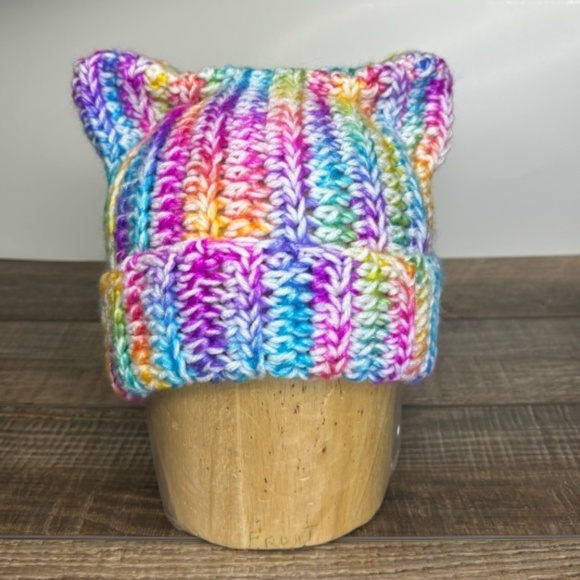 Handcrafted Crochet Winter Hat Rainbow Ice Yarn White Big Twist Cat Ear Ribbed - Picture 2 of 14